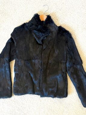 AUTHENTIC Real LUXURY/GENUINE JET-BLACK RABBIT FUR COAT Women’s Perfect Cond.